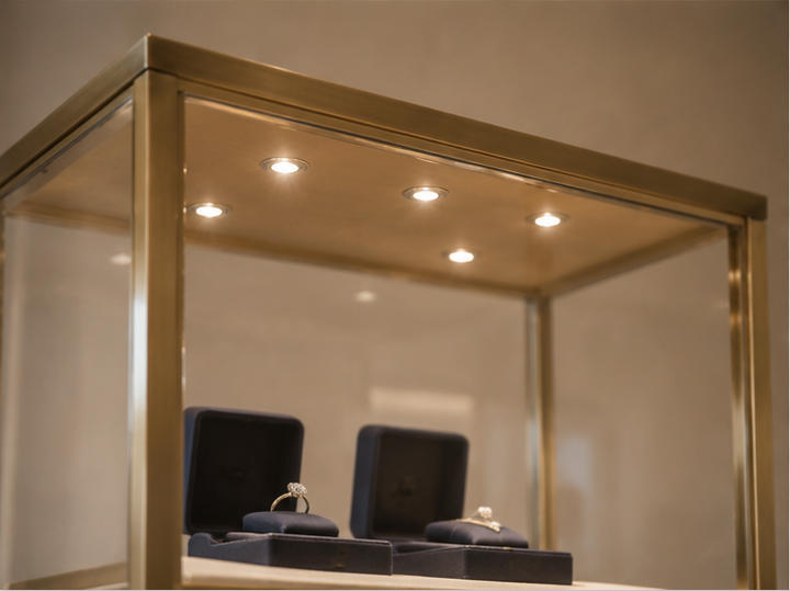 Modular Jewelry Display Console Set | Brass Frame Showcase 9 Integrated lighting effect of glass display cases